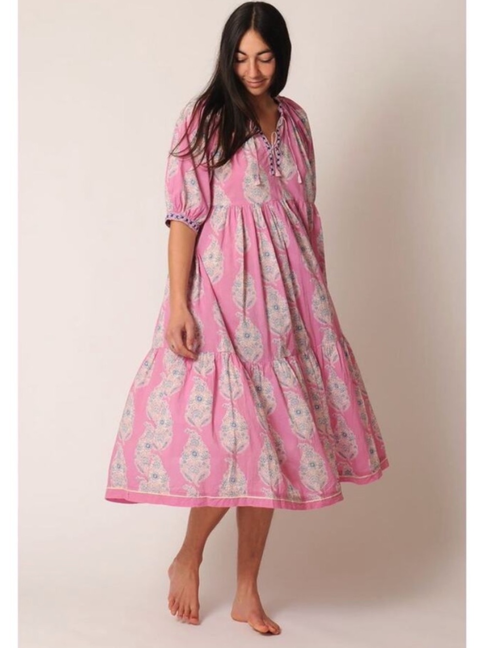 Matta NY Pink Katia Dal Midi Dress Lilla Pink Puff Sleeve Cotton Block Print